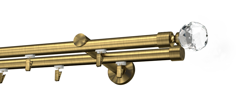 Karnisz podwójny szynowy, mosiądz antyczny Cristal kula